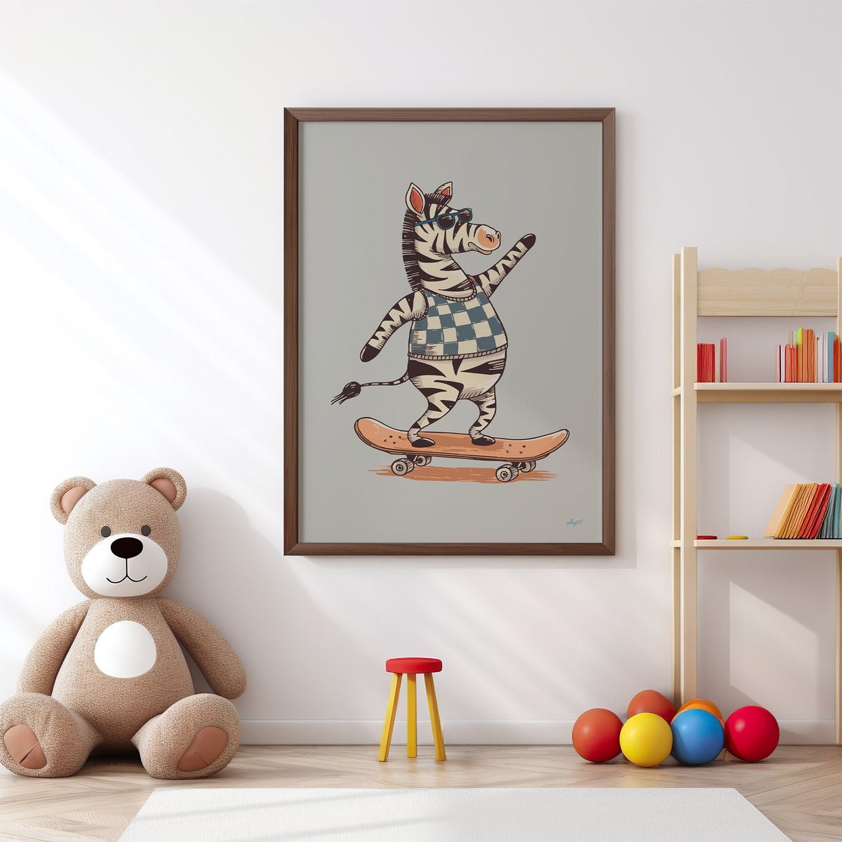 Zebra on orange skateboard nursery print in a walnut frame above a big teddy bear by a bookshelf