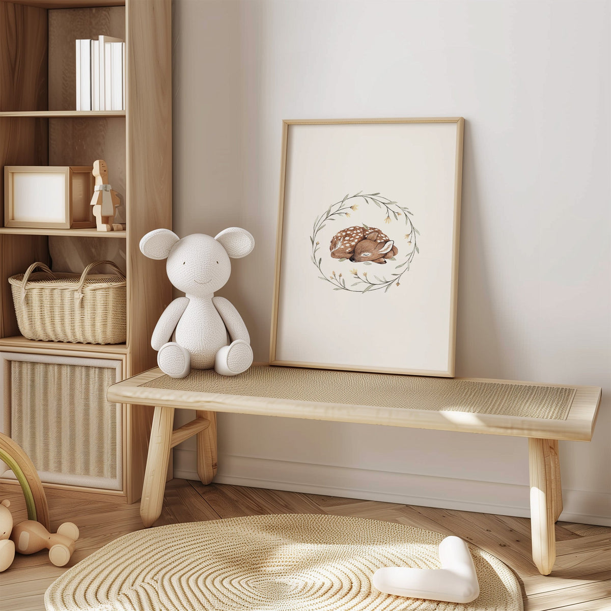 Sleeping fawn in a leafy wreath nursery print in an oak frame on a cane bench beside a white knit plush