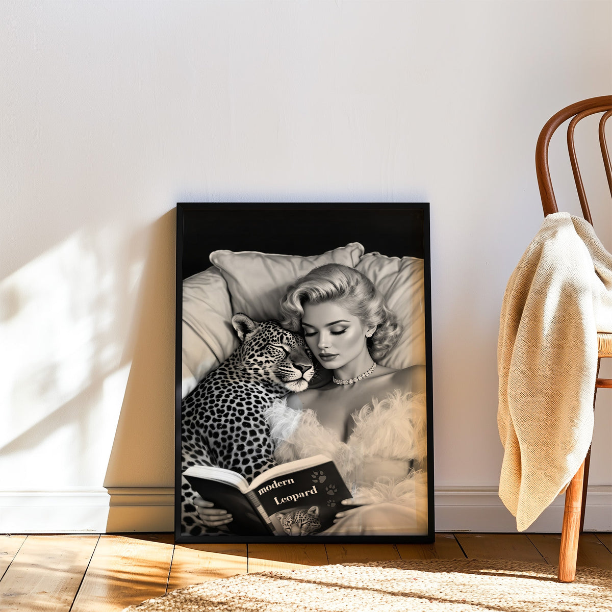 Woman asleep on pillows with leopard and book print in a black frame leaning on a wood floor beside a bentwood chair