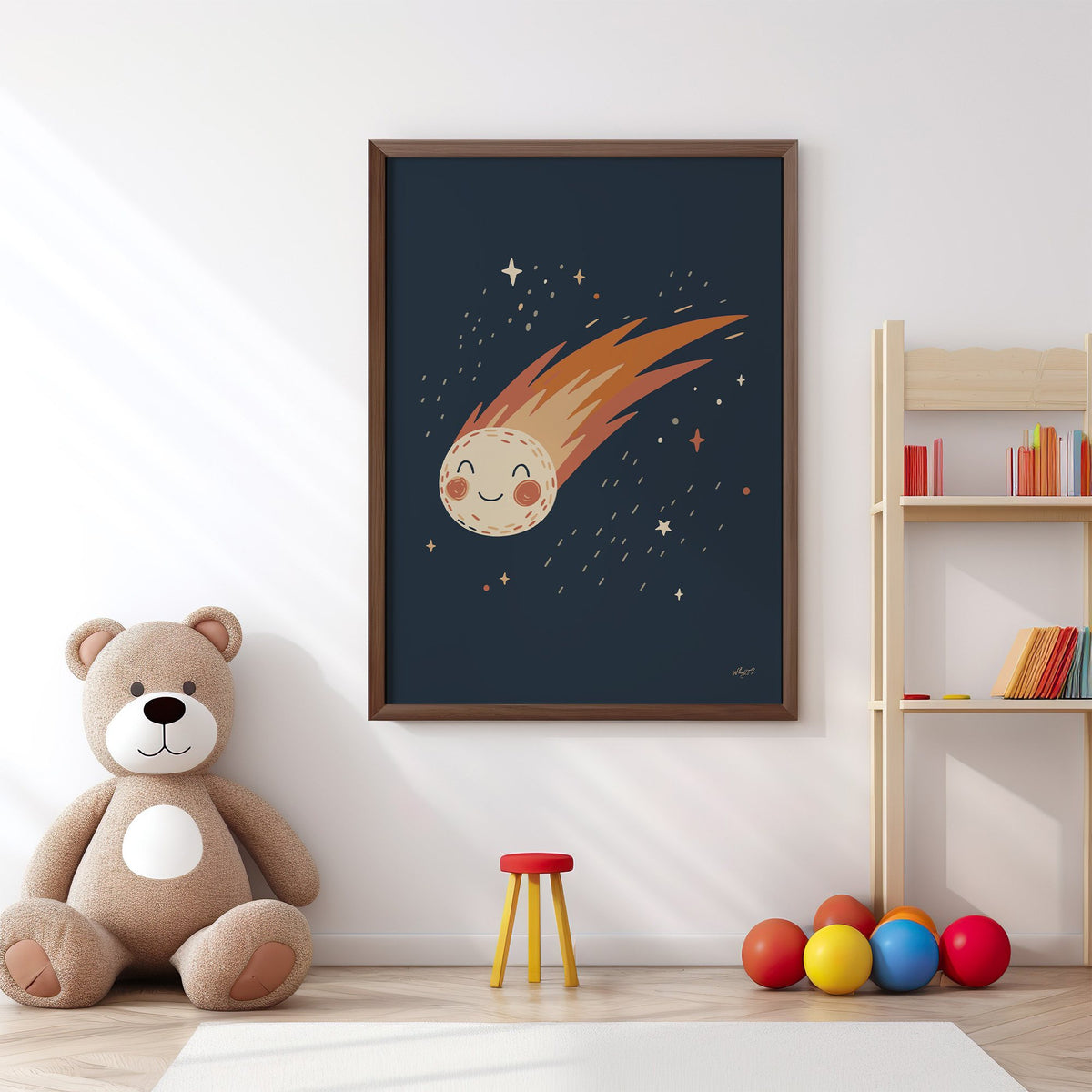Smiling comet with fiery tail nursery print in a walnut frame above a big teddy bear by a bookshelf