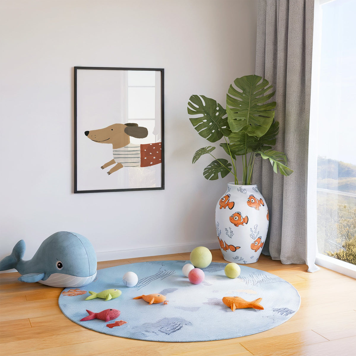 Smiling dachshund close-up nursery print in a black frame in a playroom with an ocean rug and whale plush