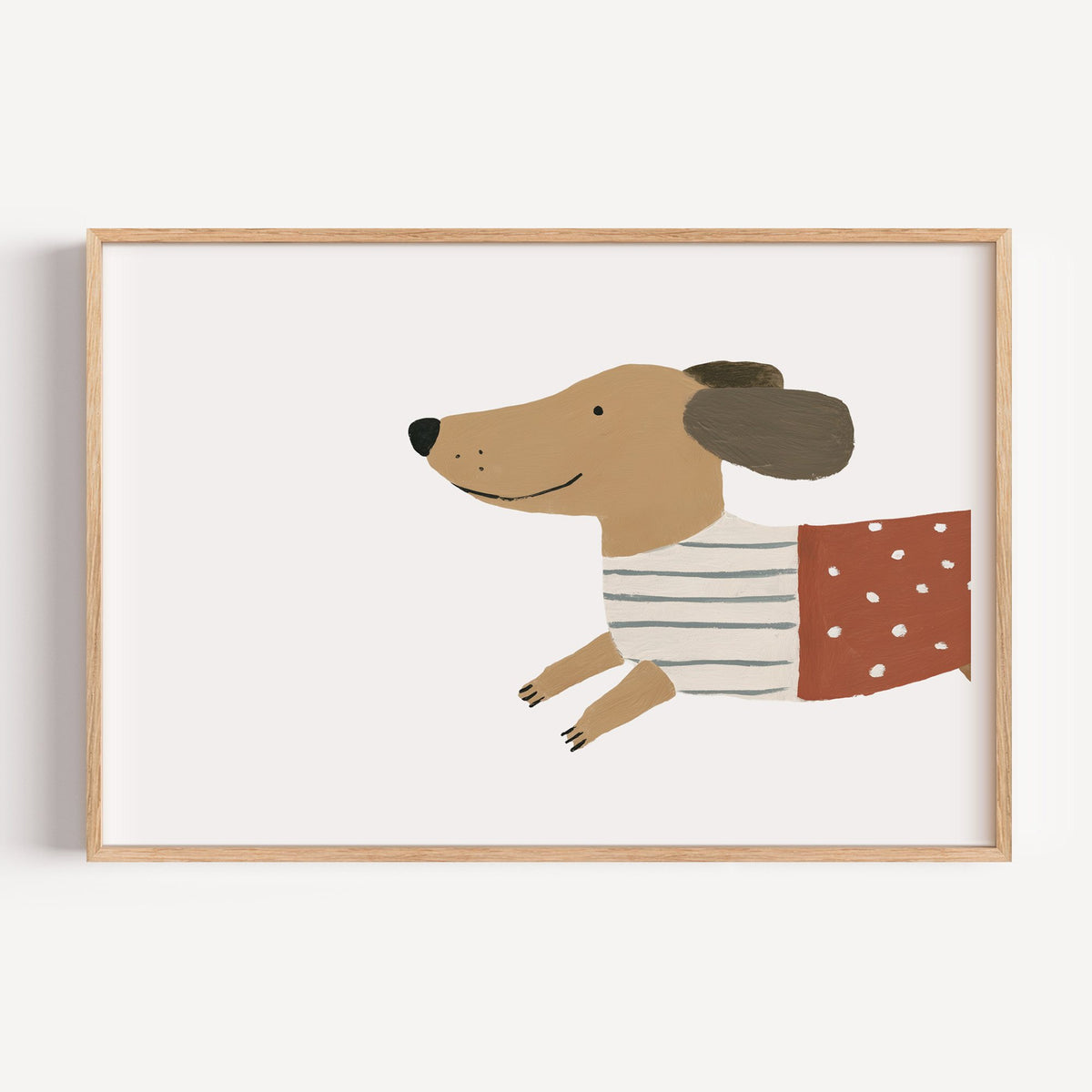 Landscape smiling dachshund close-up nursery print in a light oak frame on a plain white wall