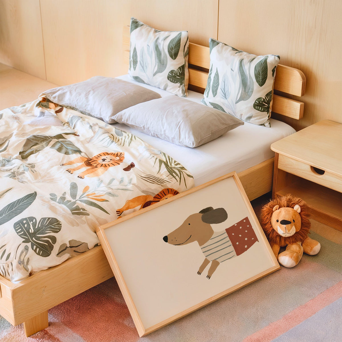 Landscape smiling dachshund close-up nursery print in an oak frame leaning on a kids bed by a lion plush