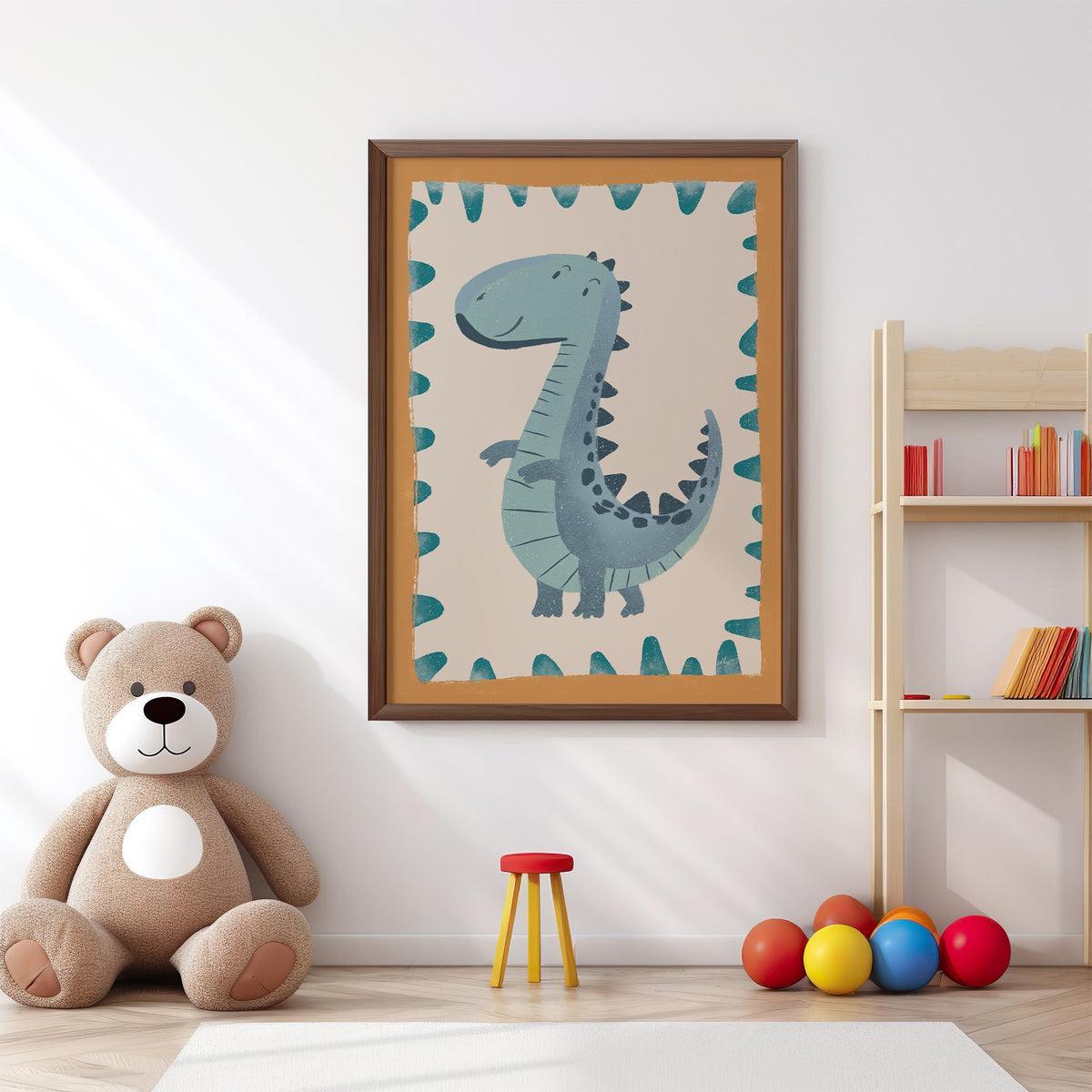 Smiling teal dinosaur nursery print in a walnut frame above a big teddy bear by a bookshelf