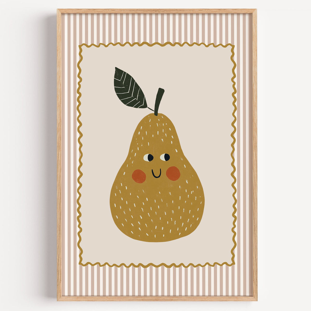 Smiling pear pink stripe nursery print in a light oak frame on a plain white wall