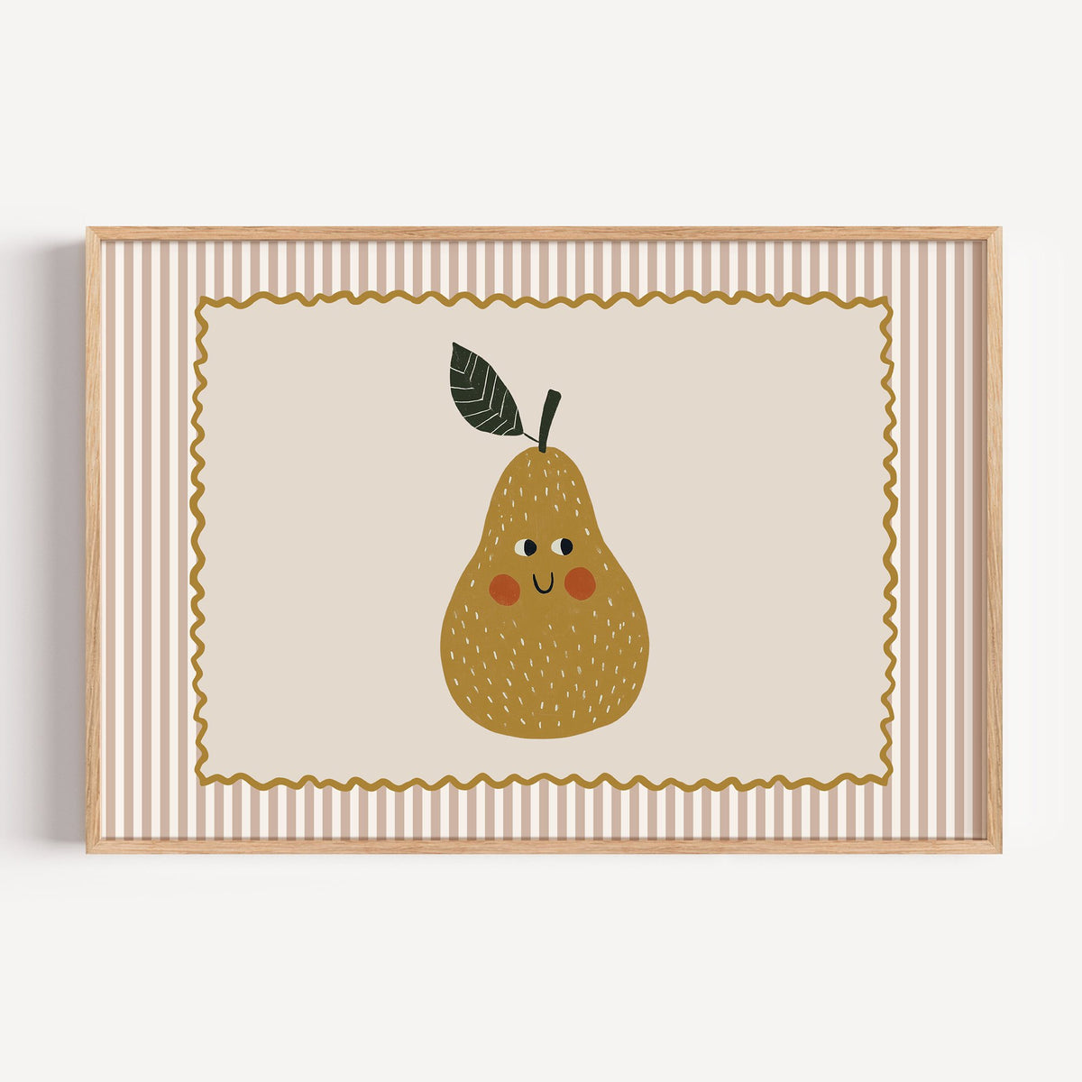 Landscape smiling pear pink stripe nursery print in a light oak frame on a plain white wall