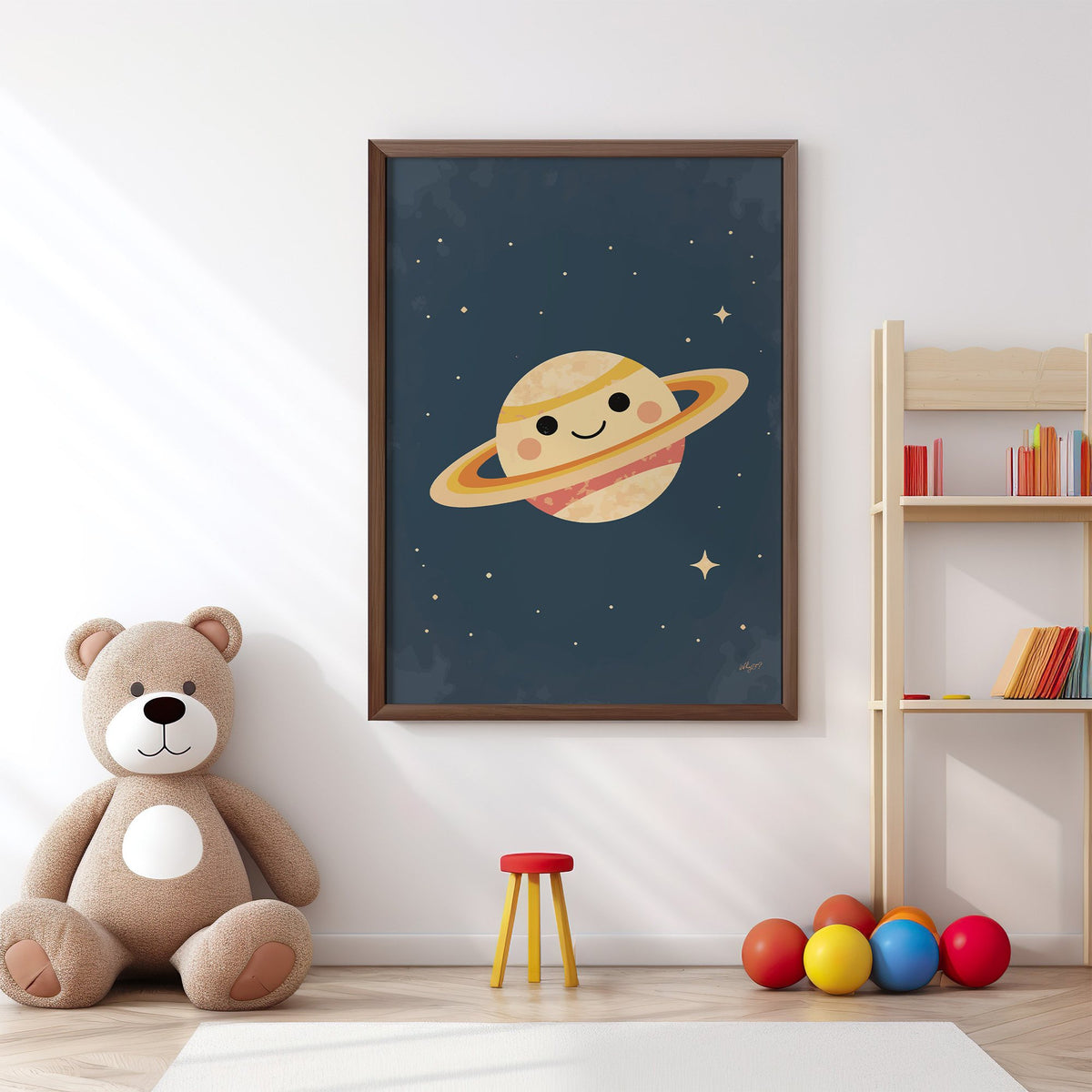Smiling saturn with rosy cheeks nursery print in a walnut frame above a big teddy bear by a bookshelf