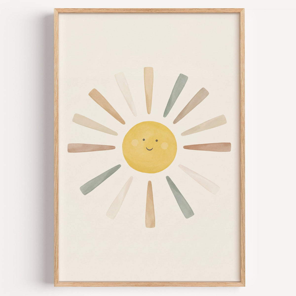 Smiling yellow sun with muted rays nursery print in a light oak frame on a plain white wall