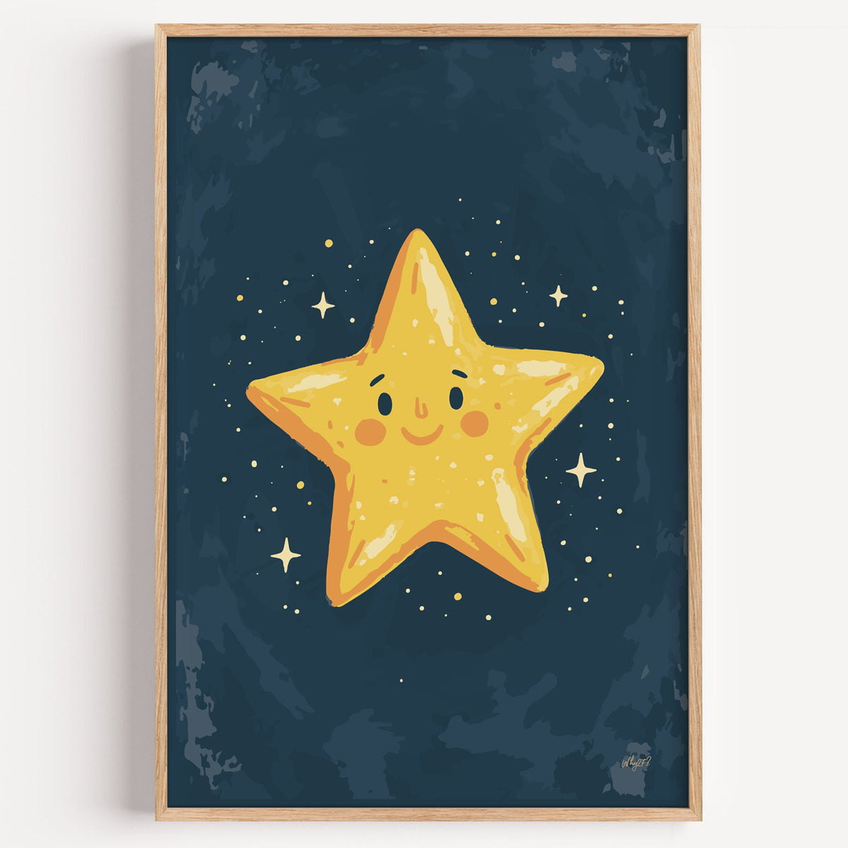 Smiling yellow star on navy nursery print in a light oak frame on a plain white wall