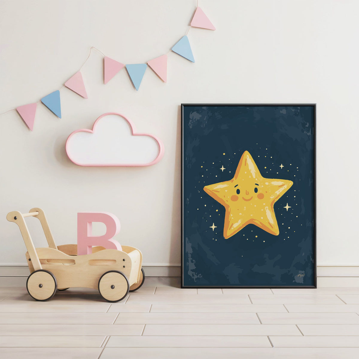 Smiling yellow star on navy nursery print in a black frame under pastel bunting by a wooden baby walker