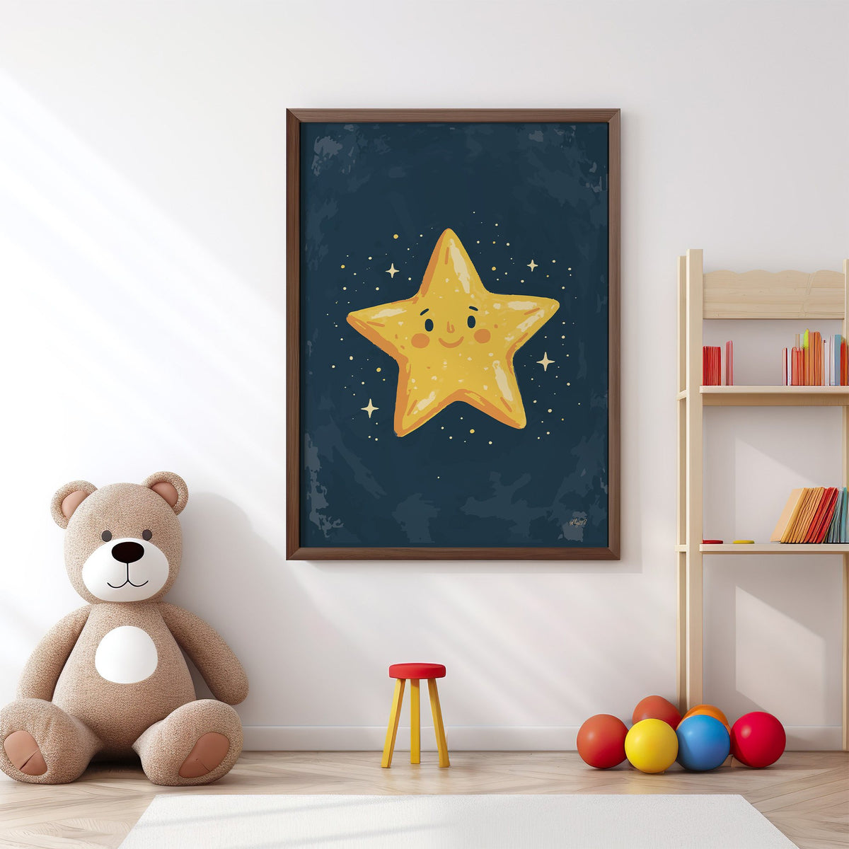 Smiling yellow star on navy nursery print in a walnut frame above a big teddy bear by a bookshelf