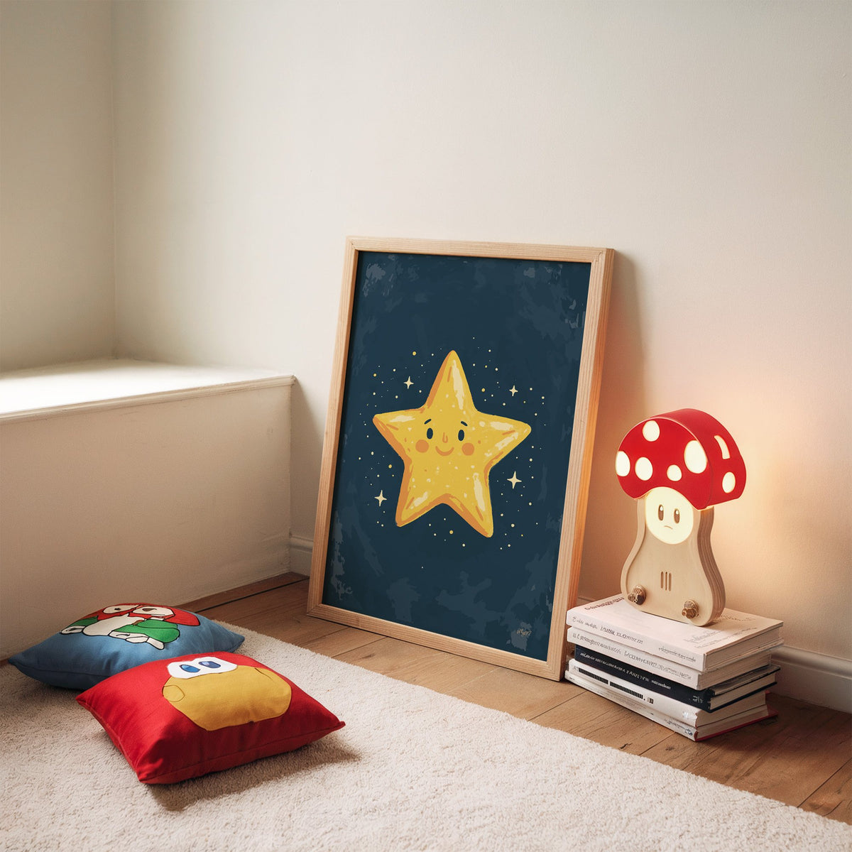 Smiling yellow star on navy nursery print in an oak frame leaning on a rug beside a mushroom lamp and floor cushions