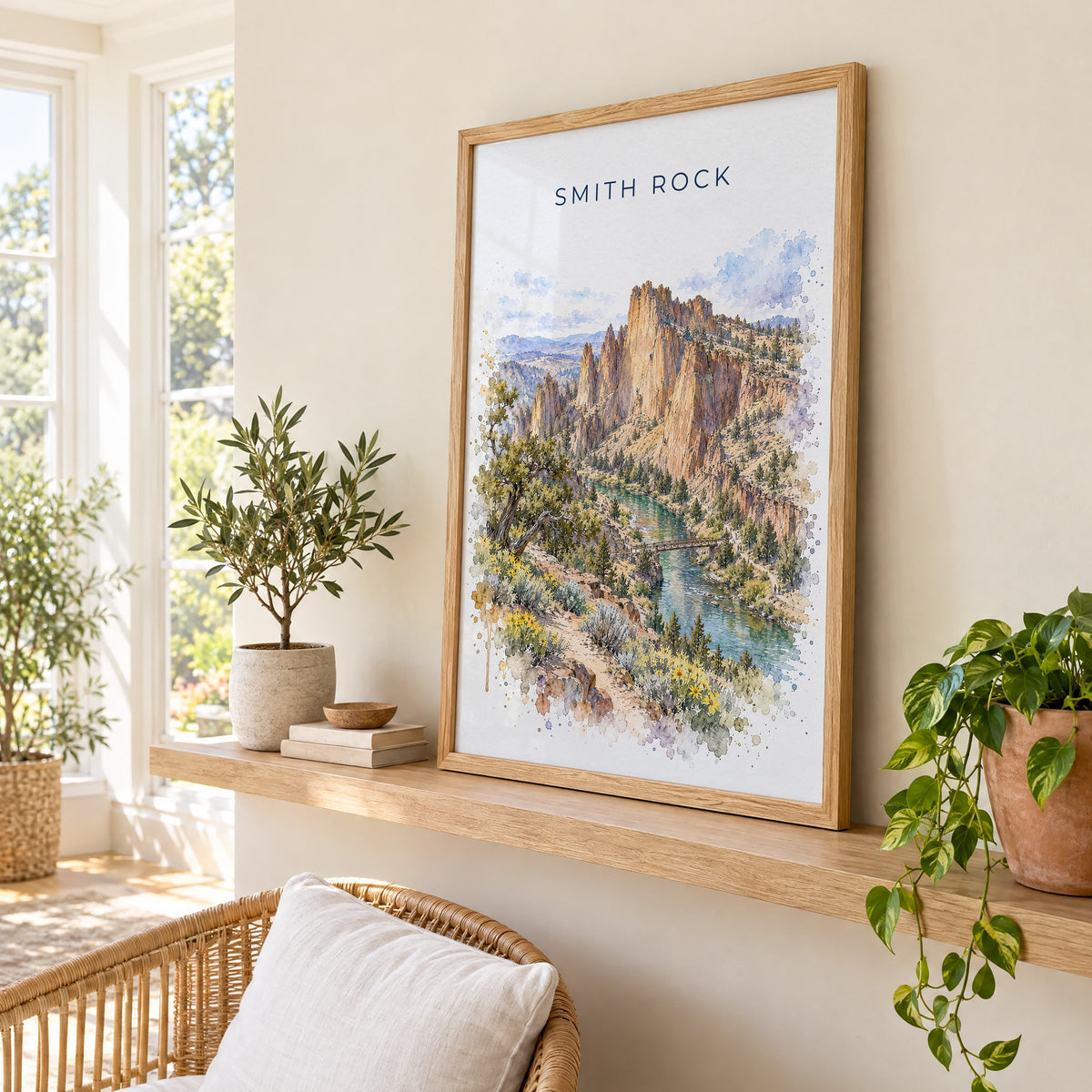 Smith Rock watercolor print in an oak frame on a picture ledge in a sunlit sunroom