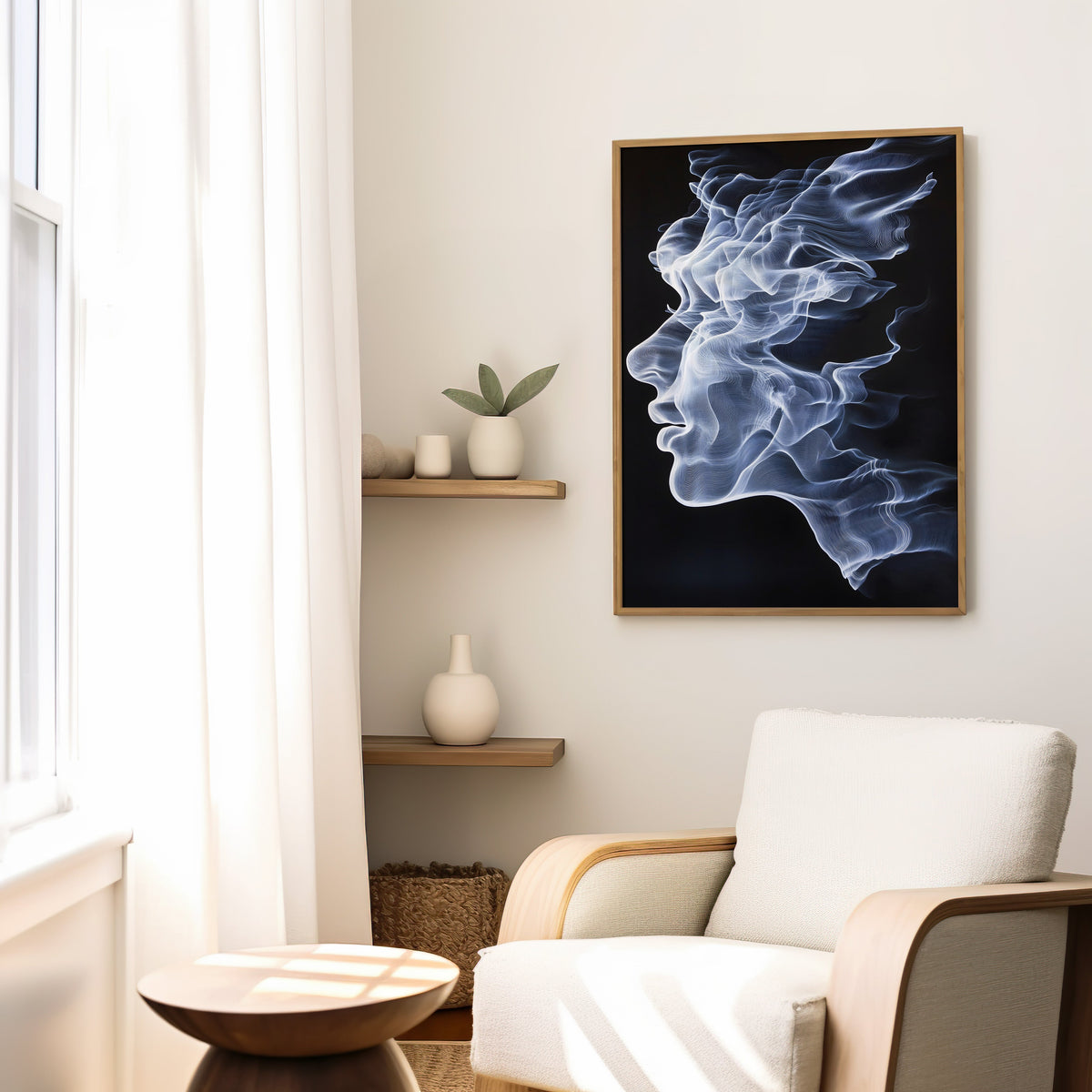 Smoke face profile surreal portrait print in a slim oak frame above a cream boucle armchair by floating shelves