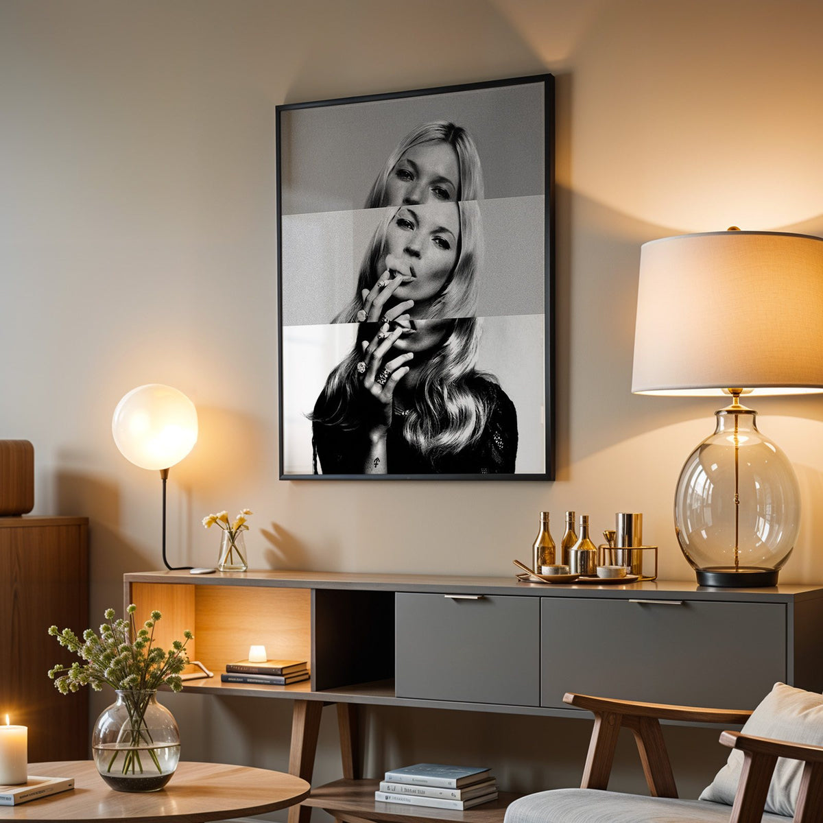 Sliced black and white smoking woman portrait print in a black frame above a grey media console with a glass table lamp