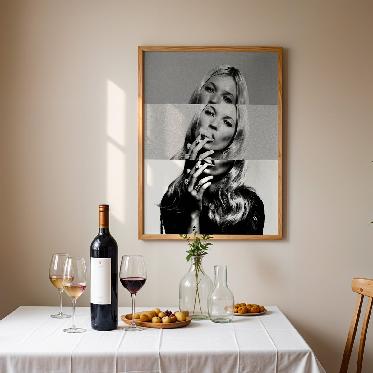 Sliced black and white smoking woman portrait print in an oak frame above a table set with red wine and glasses