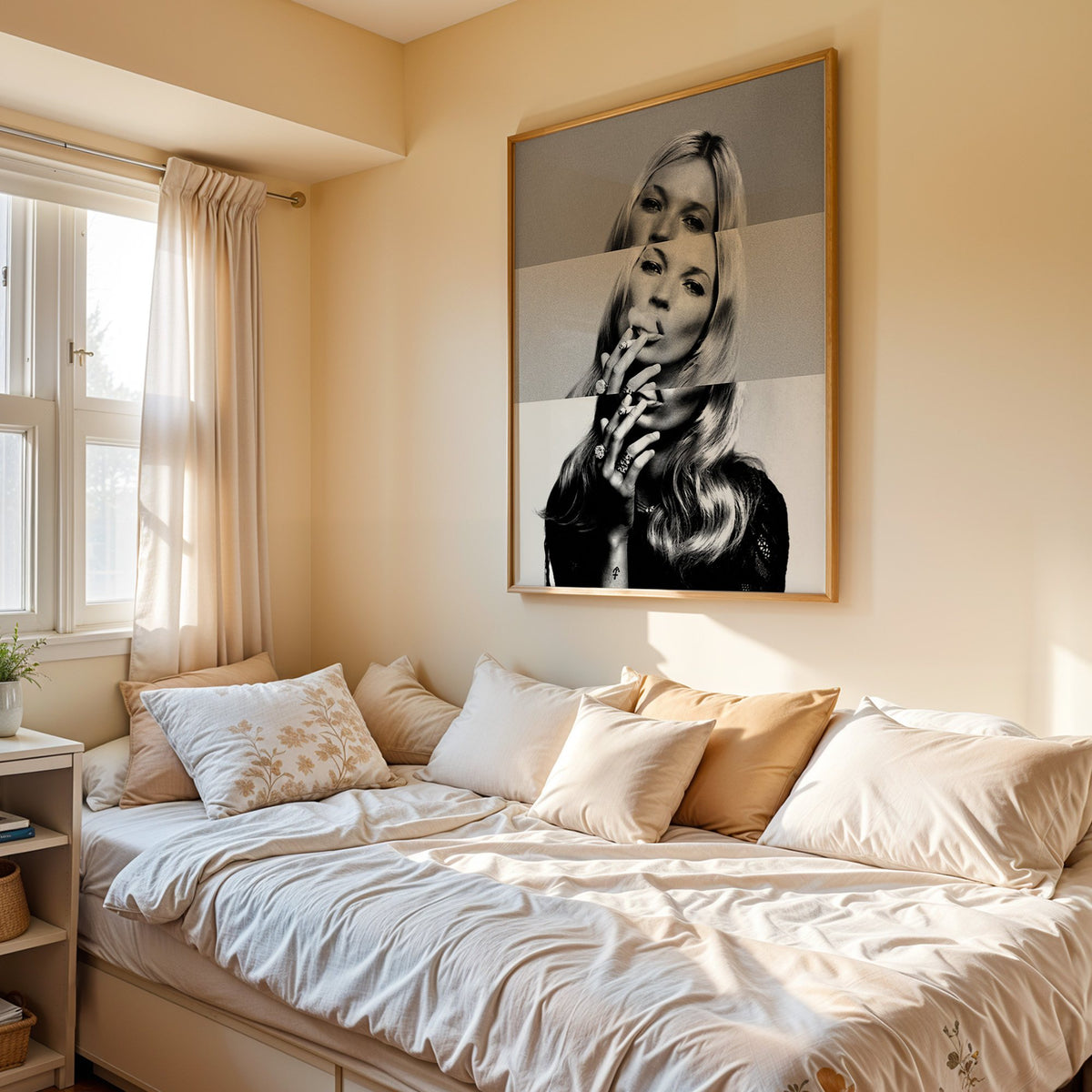 Sliced black and white smoking woman portrait print in an oak frame above a cream daybed in a sunny bedroom