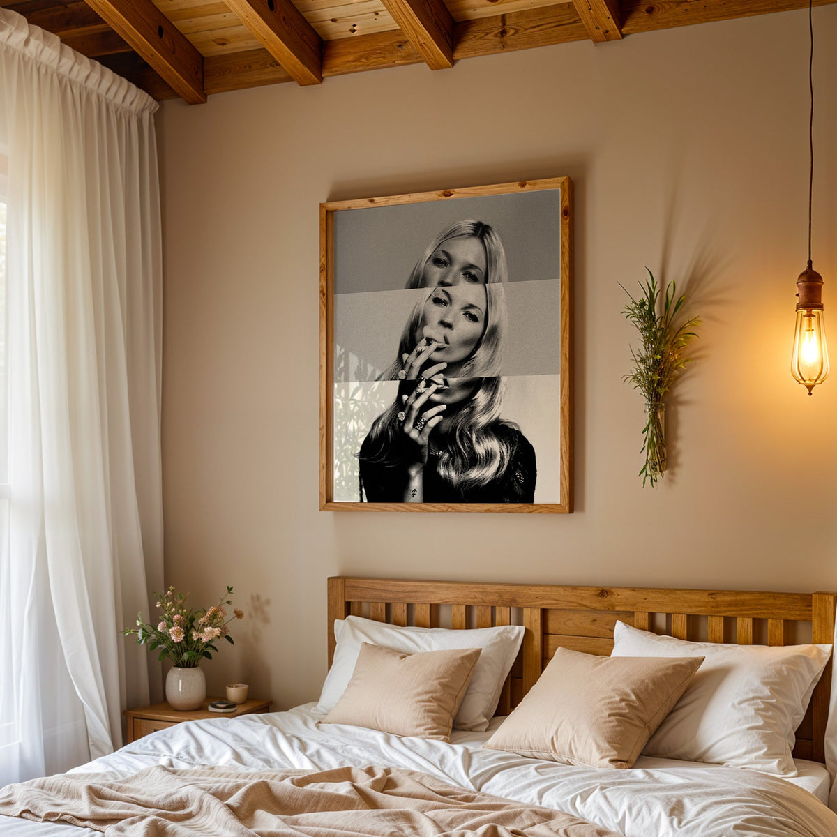 Sliced black and white smoking woman portrait print in a pine frame above a wood headboard bed under a pendant bulb