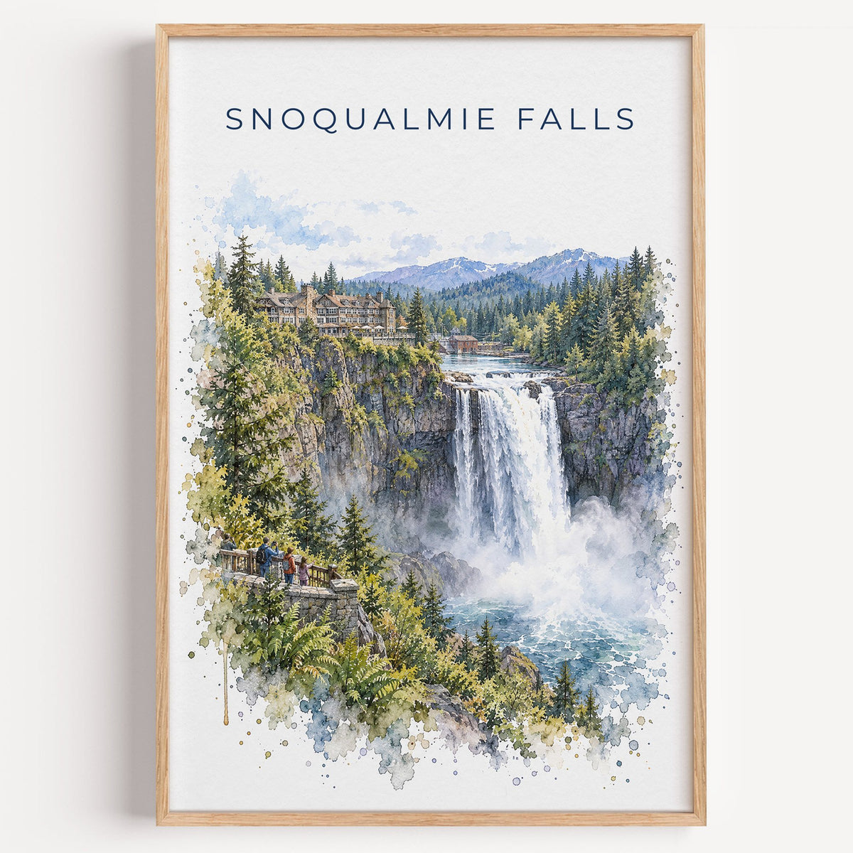 Snoqualmie Falls watercolor print in a light oak frame on a plain white wall