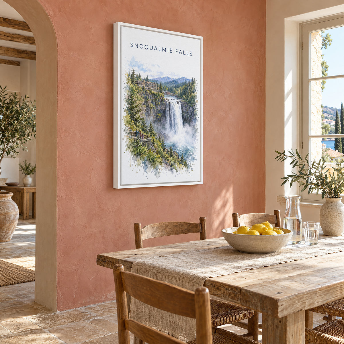 Snoqualmie Falls watercolor print as a white floater canvas on a terracotta wall above a rustic dining table