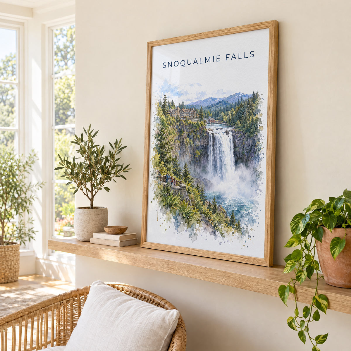 Snoqualmie Falls watercolor print in an oak frame on a picture ledge in a sunlit sunroom