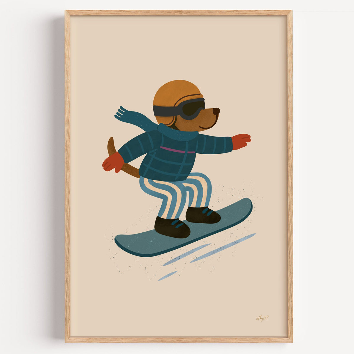 Snowboarding dog with arms wide nursery print in a light oak frame on a plain white wall