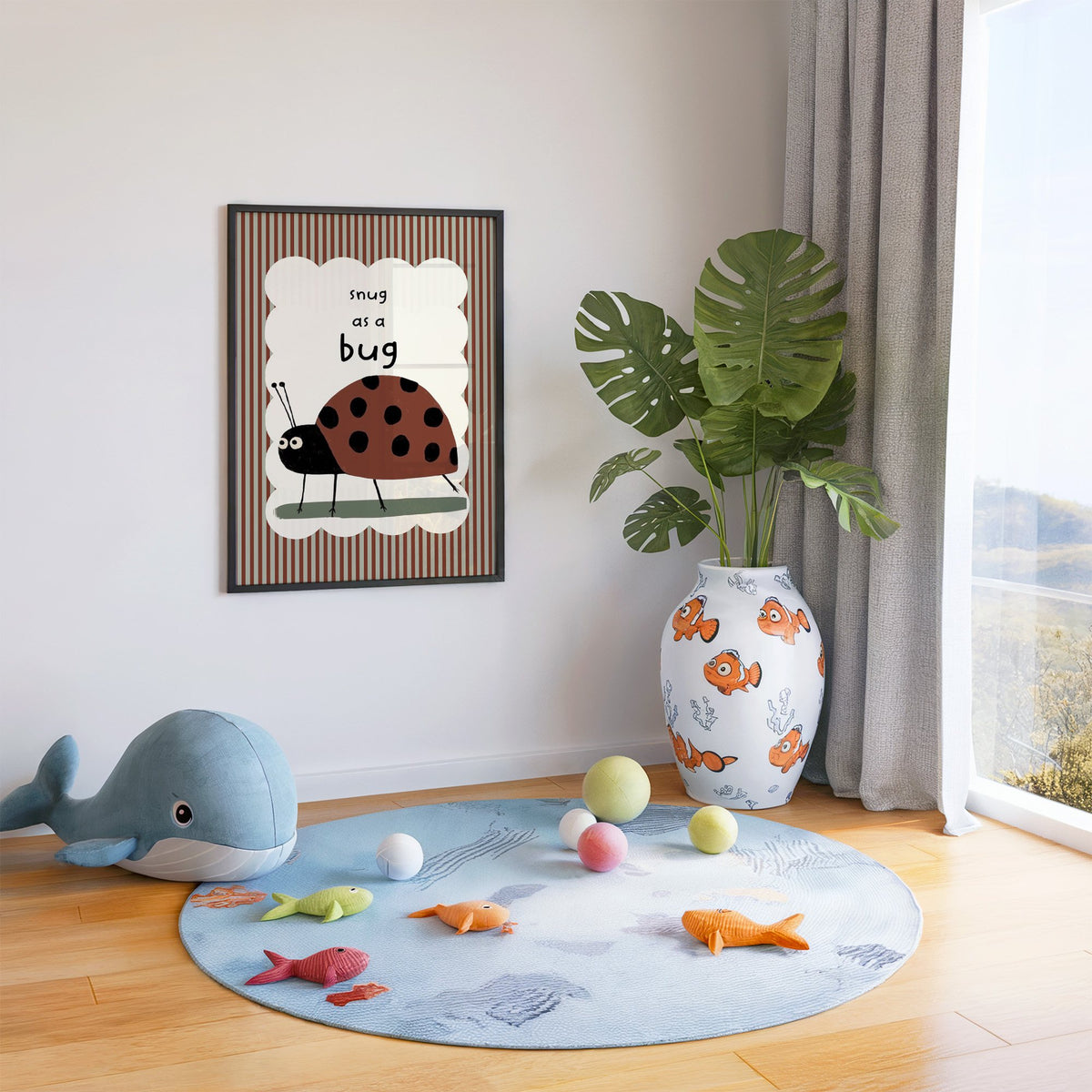 Snug as a bug ladybug nursery print in a black frame in a playroom with an ocean rug and whale plush