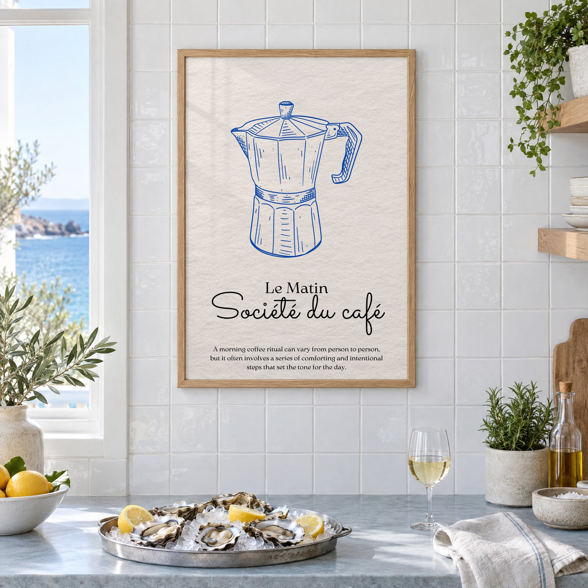 Societe du cafe cobalt moka pot print in an oak frame on white tiles above a marble counter with oysters and lemons by a sea view