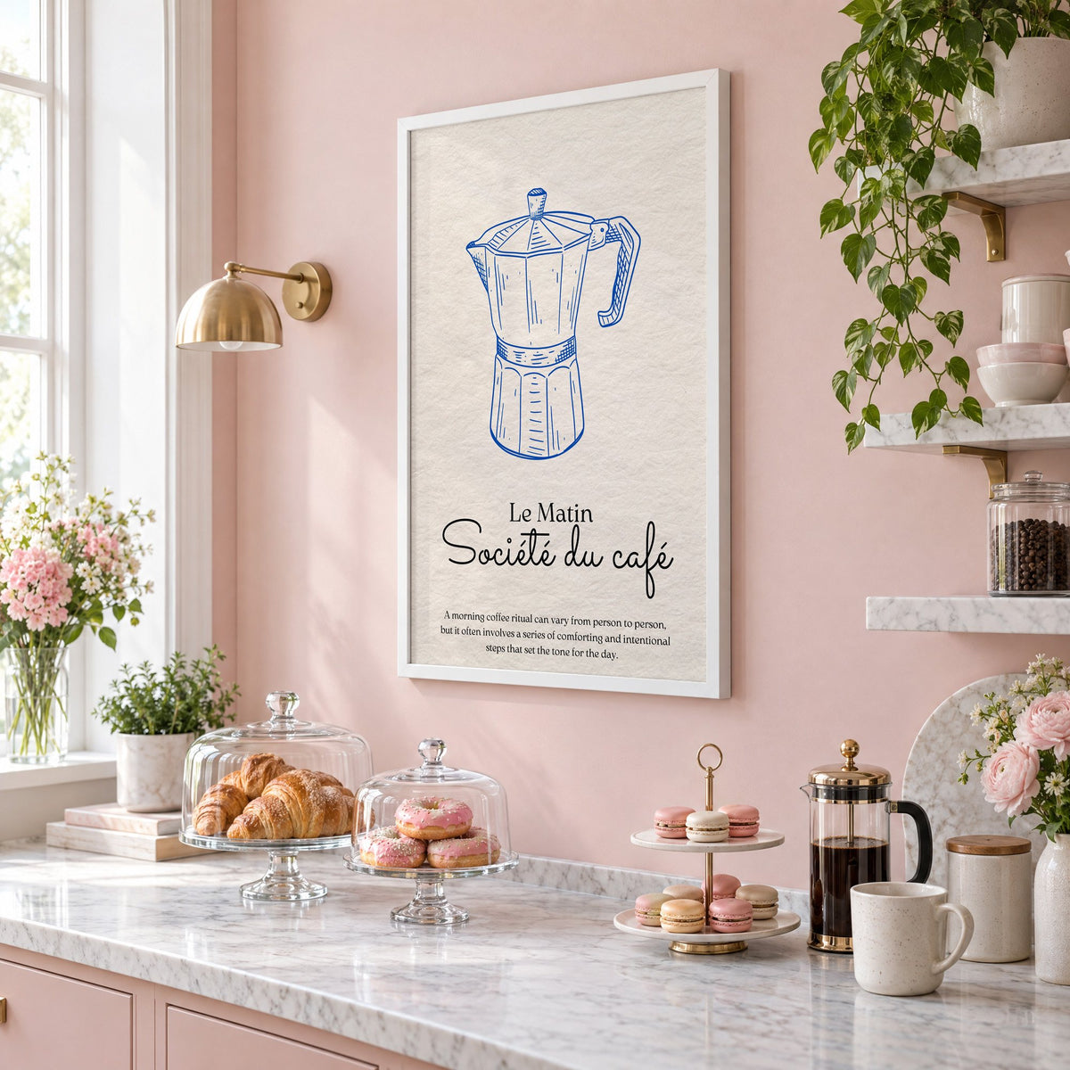 Societe du cafe cobalt moka pot print in a white frame on a blush pink wall above a patisserie counter with croissants and macarons, seen at an angle