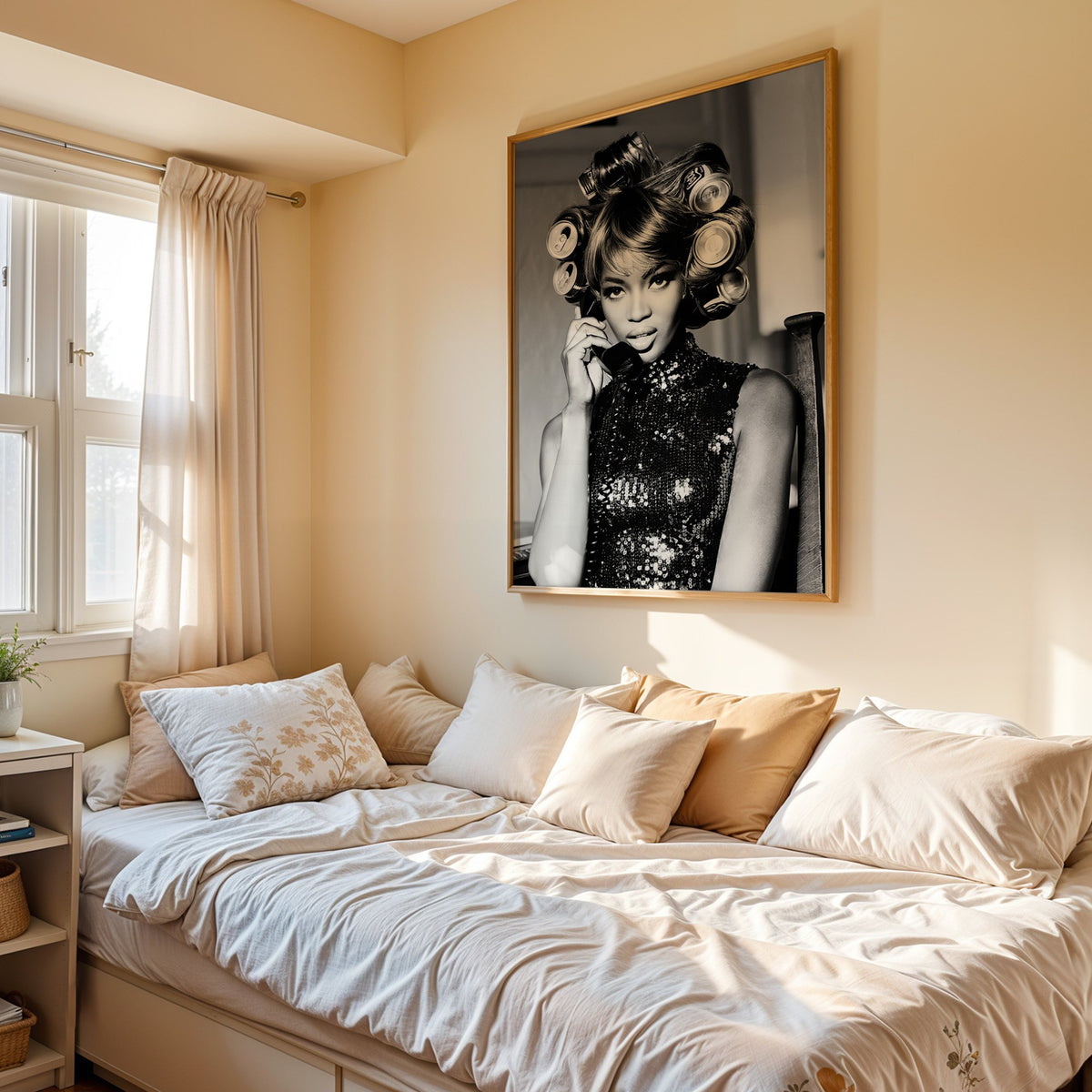 Woman with soda can hair rollers on telephone print in an oak frame above a cream daybed in a sunny bedroom