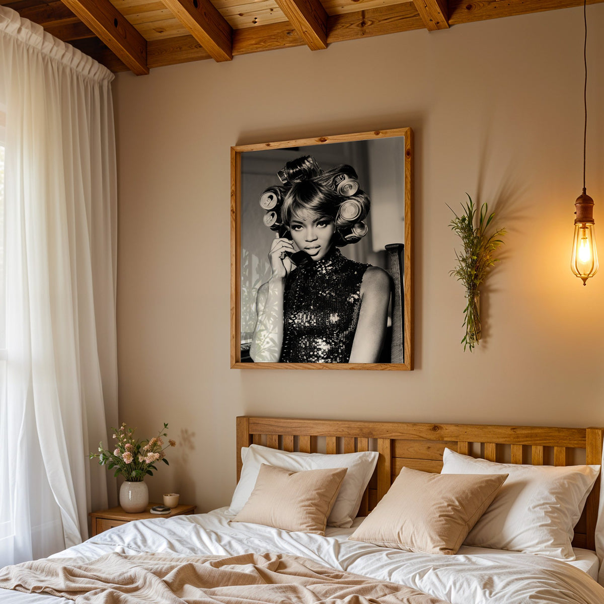 Woman with soda can hair rollers on telephone print in a pine frame above a wood headboard bed under a pendant bulb