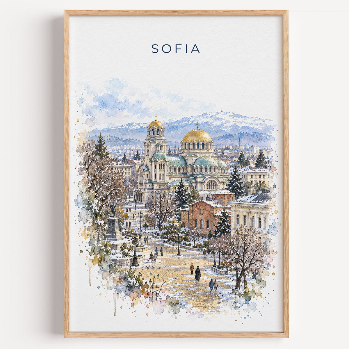 Sofia, Bulgaria watercolor print in a light oak frame on a plain white wall
