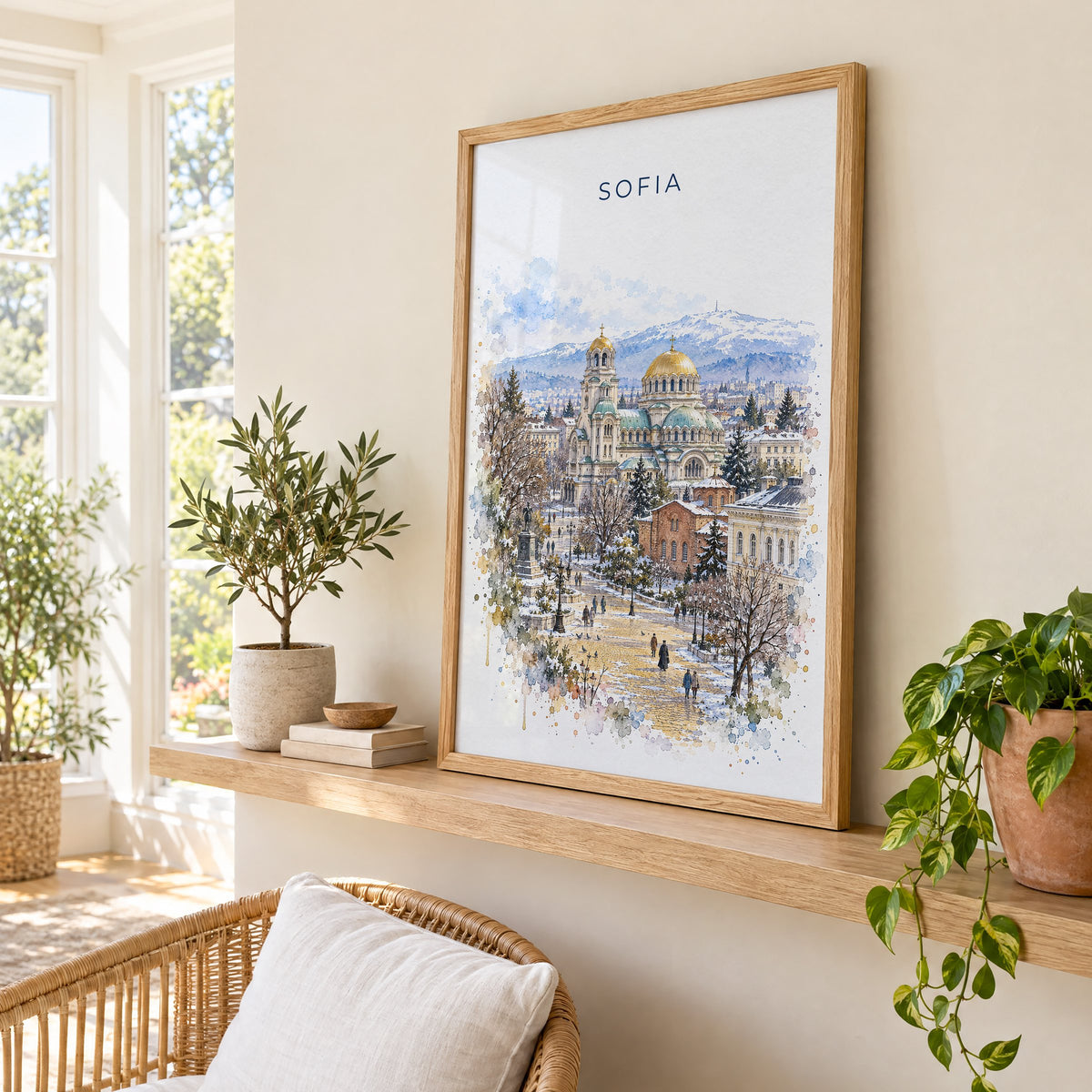 Sofia, Bulgaria watercolor print in an oak frame on a picture ledge in a sunlit sunroom