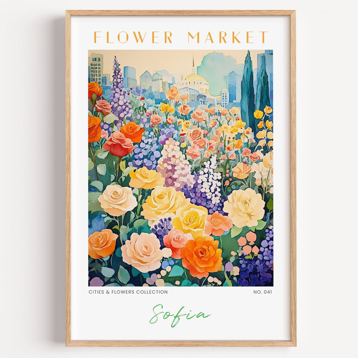 Sofia flower market print in a light oak frame on a plain white wall