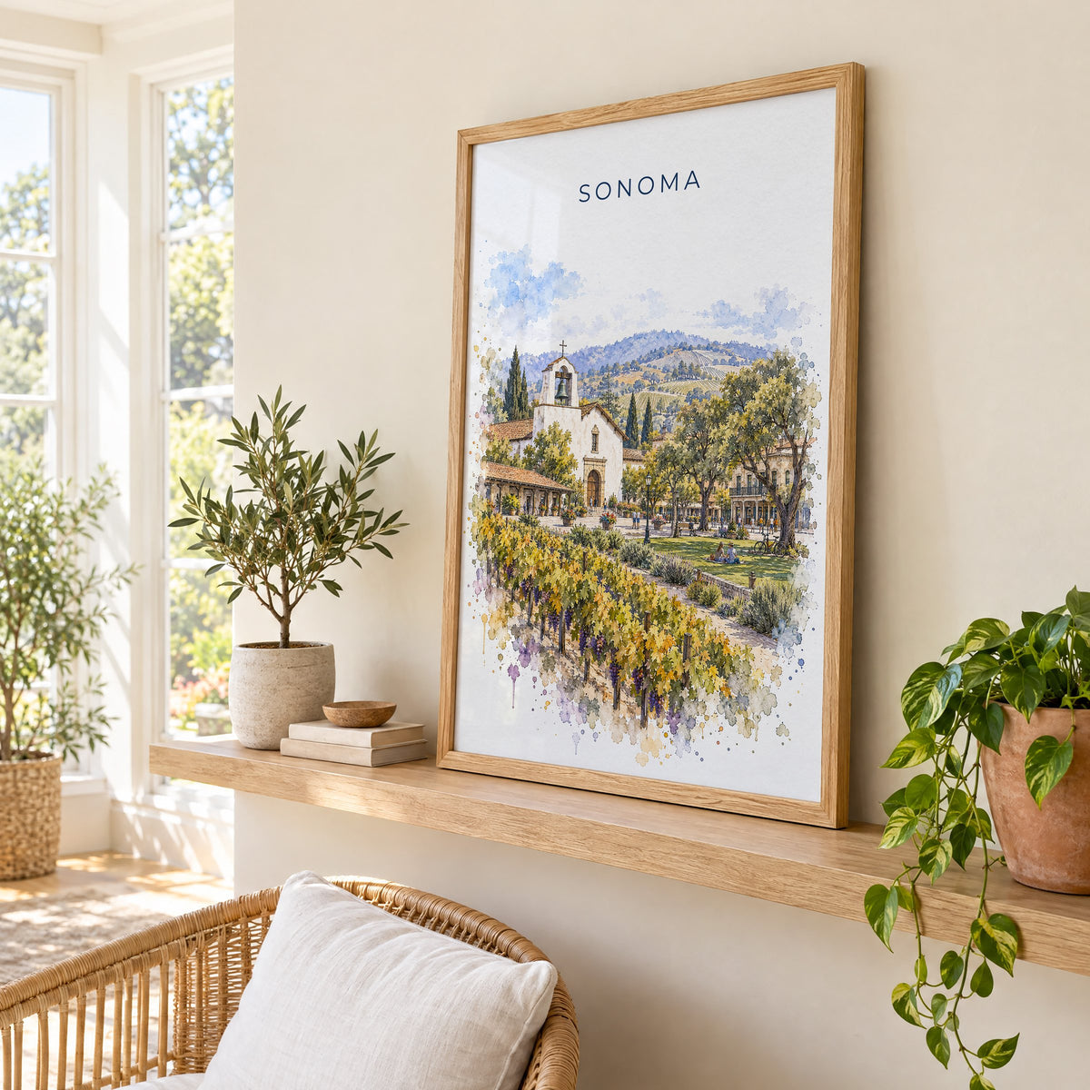 Sonoma watercolor print in an oak frame on a picture ledge in a sunlit sunroom