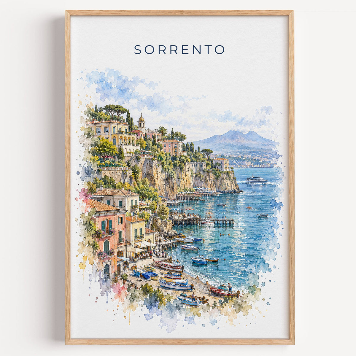 Sorrento watercolor print in a light oak frame on a plain white wall