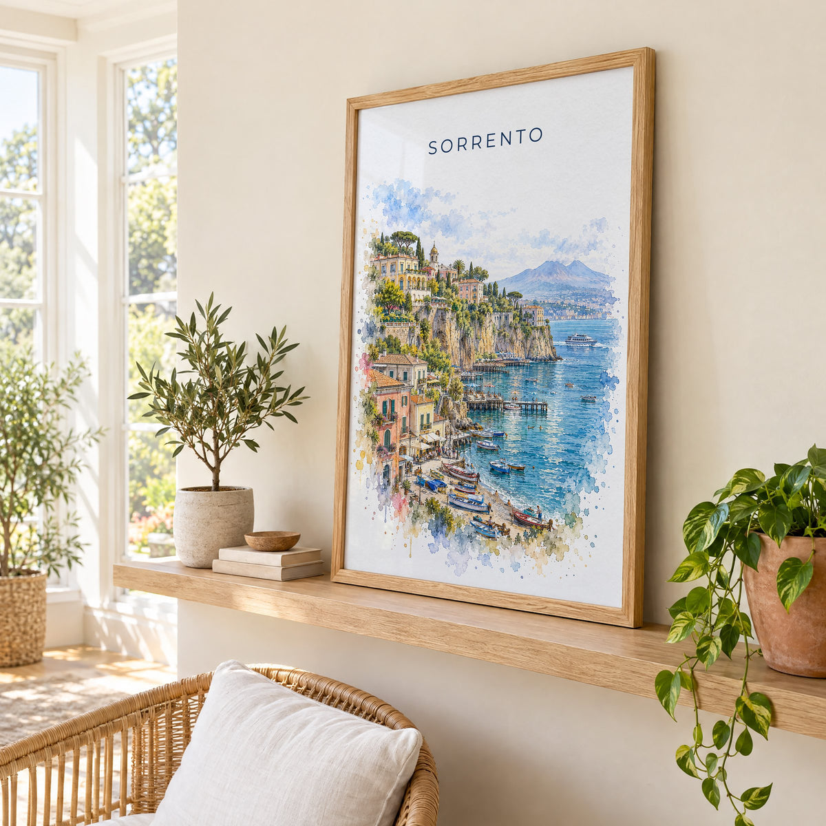 Sorrento watercolor print in an oak frame on a picture ledge in a sunlit sunroom