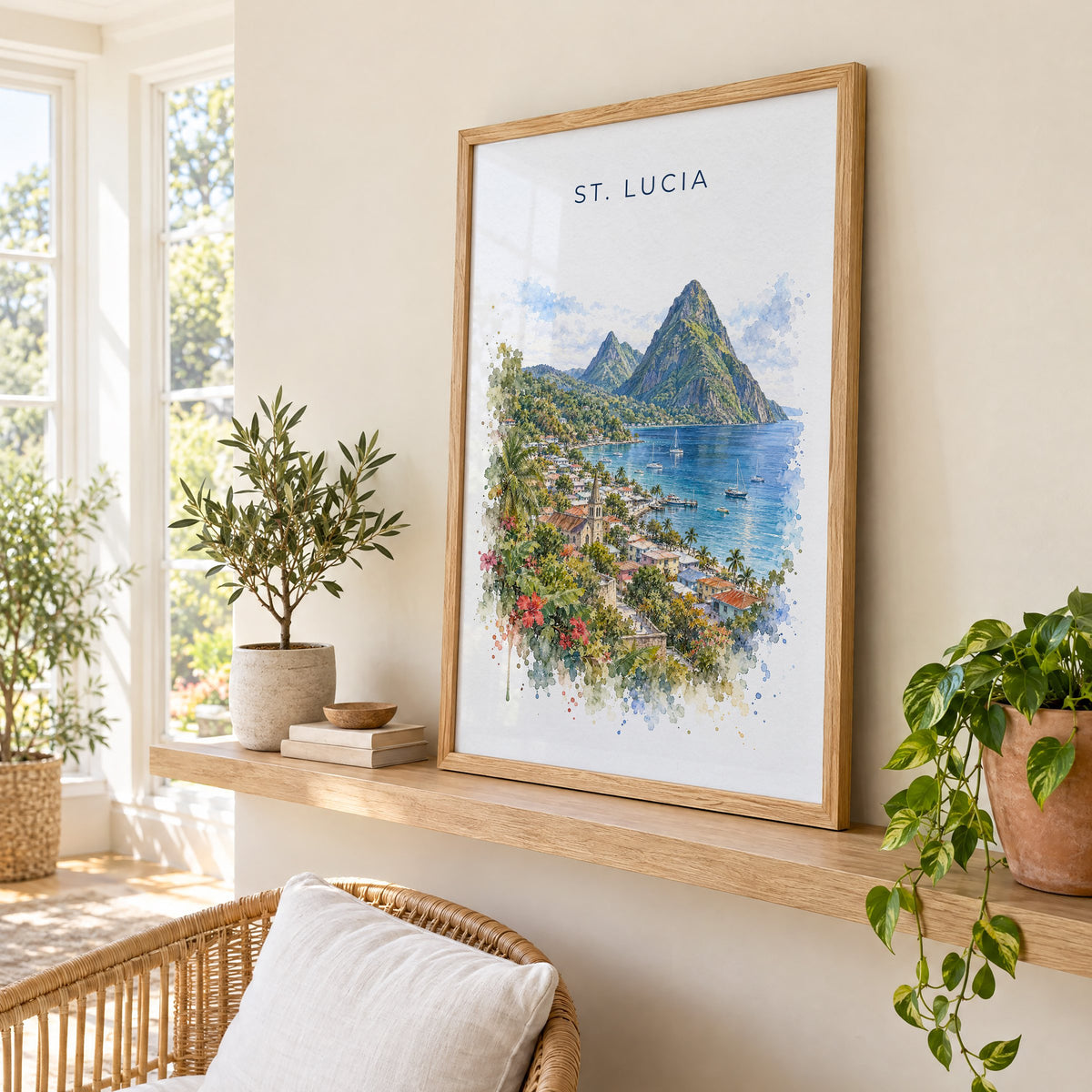 Saint Lucia Pitons watercolor print in an oak frame on a picture ledge in a sunlit sunroom