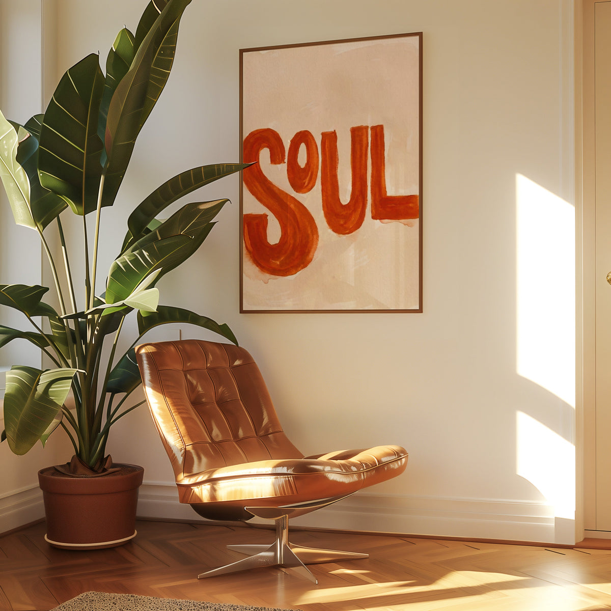 Retro SOUL typography print in a slim walnut frame above a tan leather lounge chair