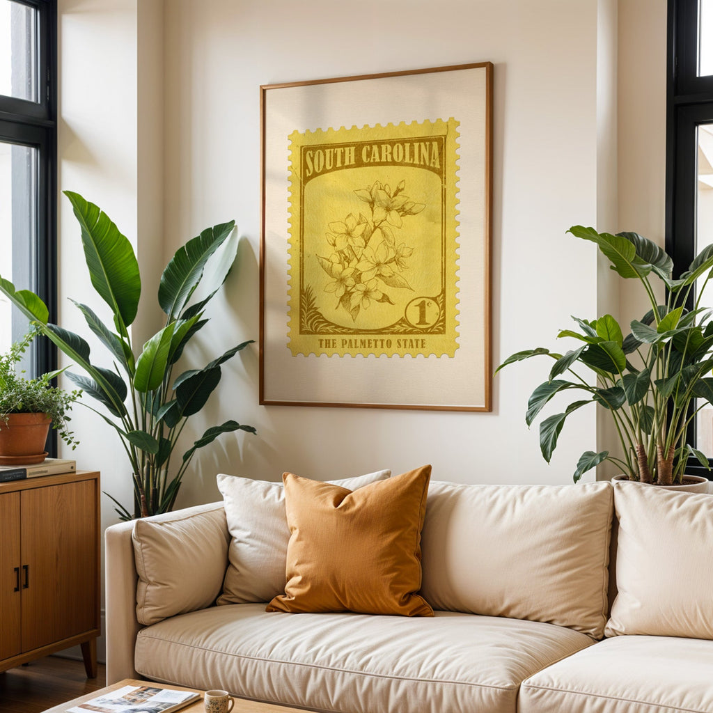South Carolina state flower print framed above a cream sofa with an ochre cushion and large plants