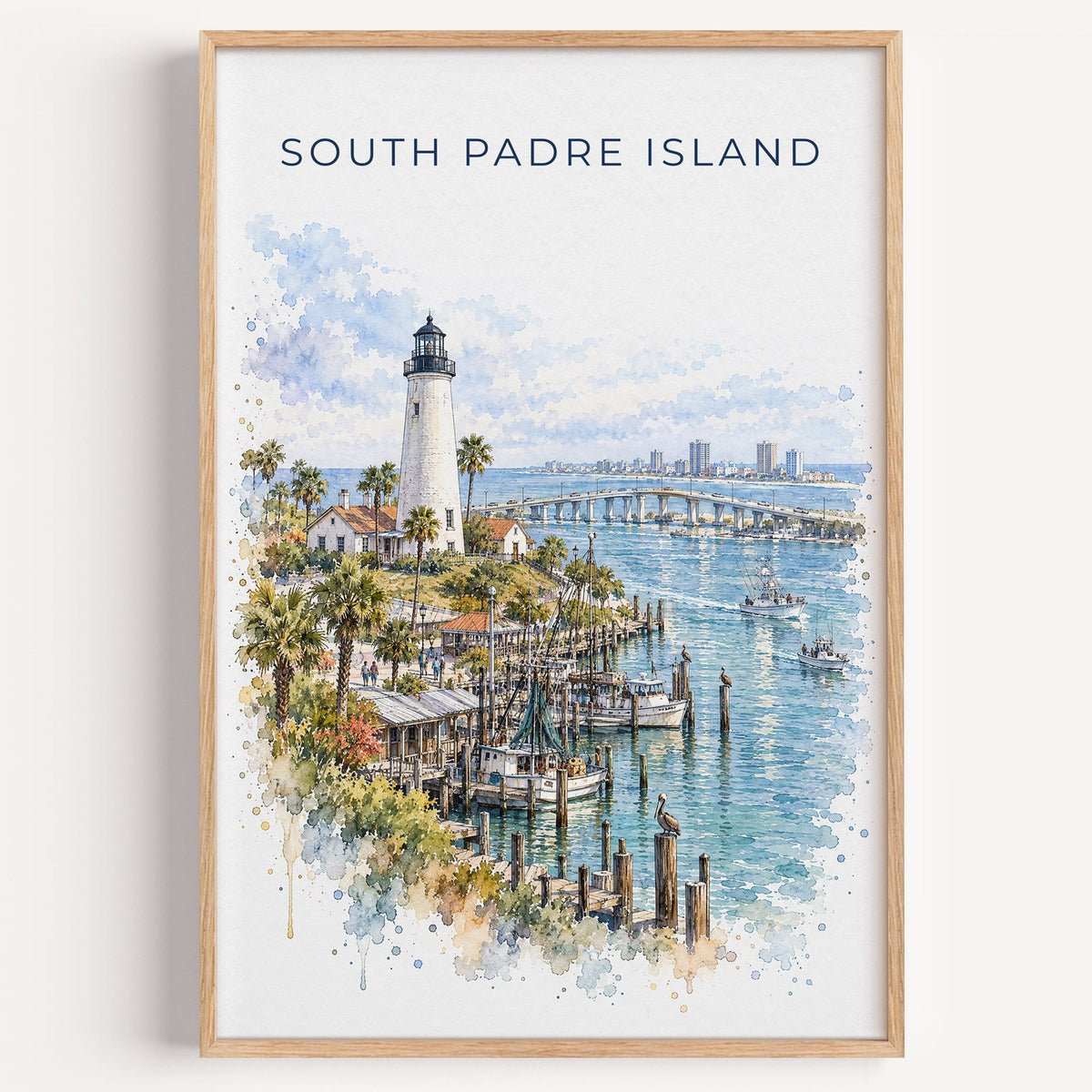 South Padre Island watercolor print in a light oak frame on a plain white wall