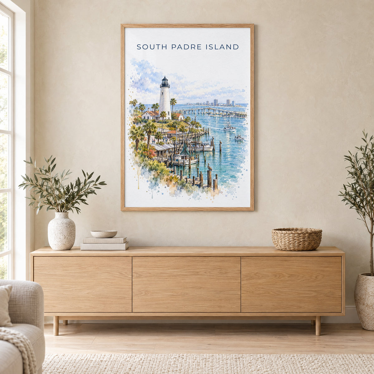 South Padre Island watercolor print in an oak frame above a light wood sideboard in a Scandinavian living room