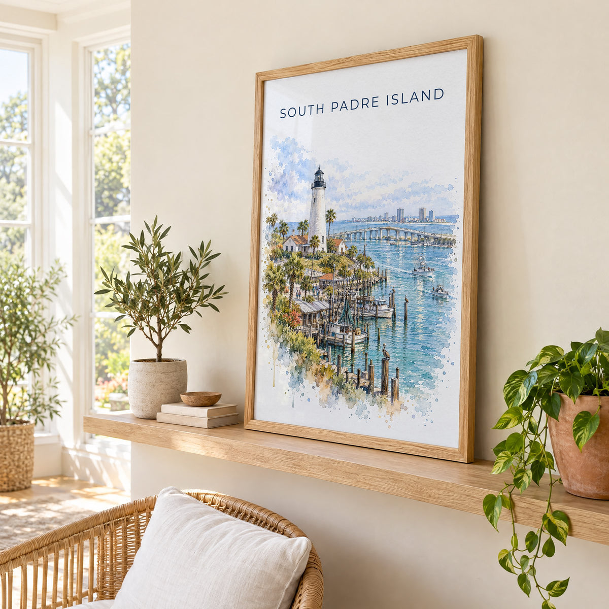 South Padre Island watercolor print in an oak frame on a picture ledge in a sunlit sunroom