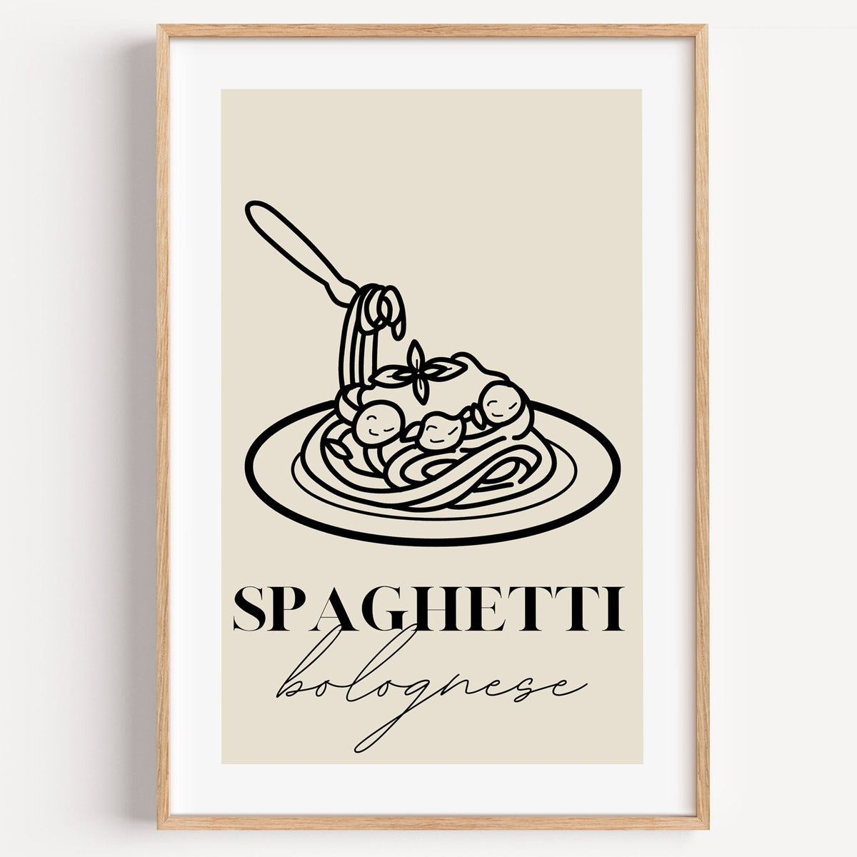 SPAGHETTI bolognese black line meatballs print in a light oak frame on a plain white wall