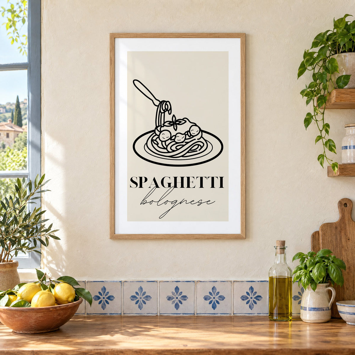 SPAGHETTI bolognese black line meatballs print in an oak frame on a cream plaster wall above a worktop with a bowl of lemons and blue-and-white tiles