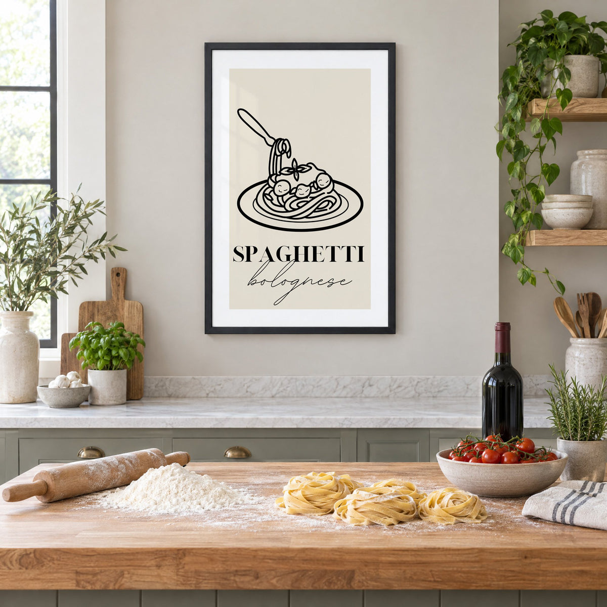 SPAGHETTI bolognese black line meatballs print in a black frame above a butcher-block island with fresh pasta, flour and cherry tomatoes