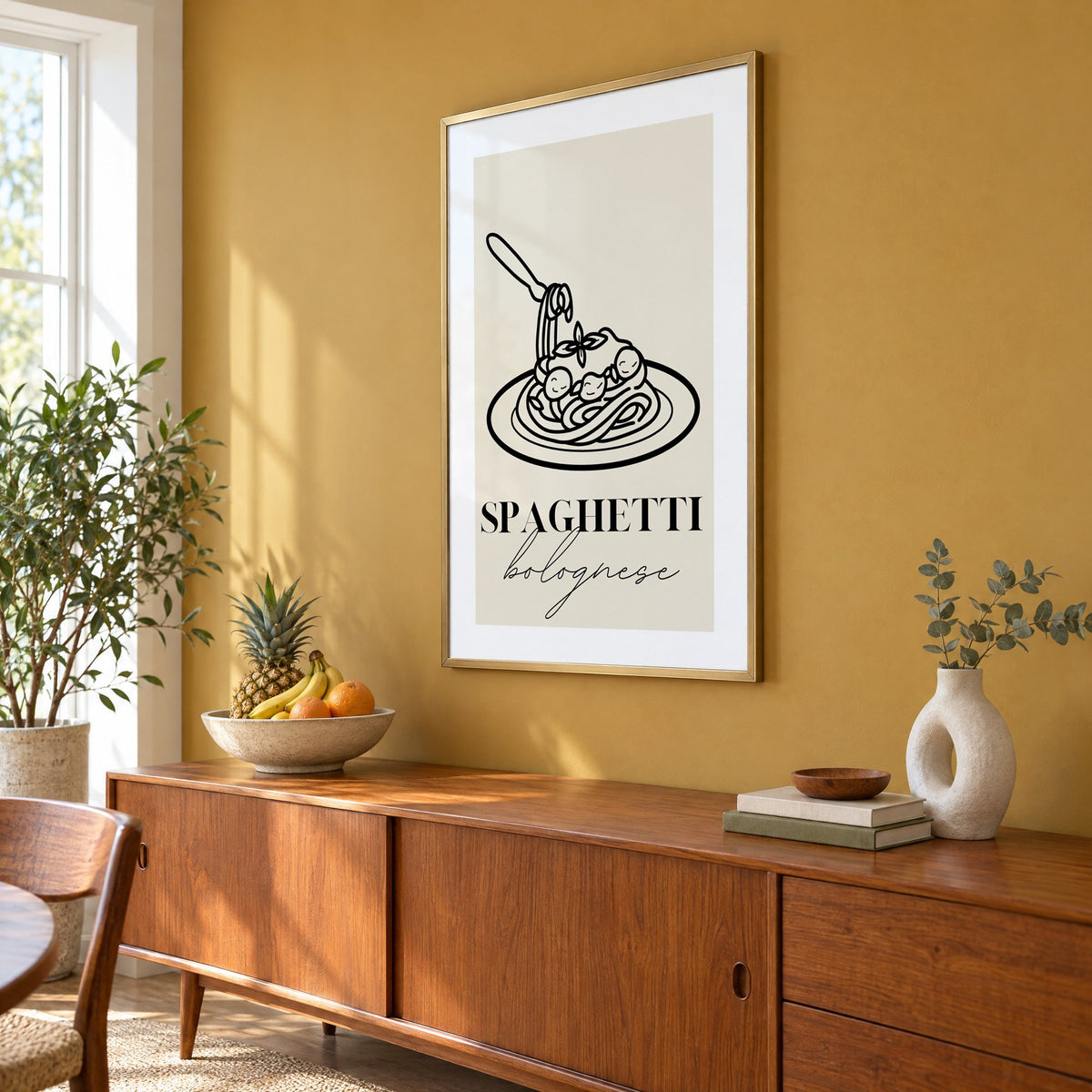 SPAGHETTI bolognese black line meatballs print in a brass frame on a mustard wall above a teak sideboard with a fruit bowl, seen at an angle
