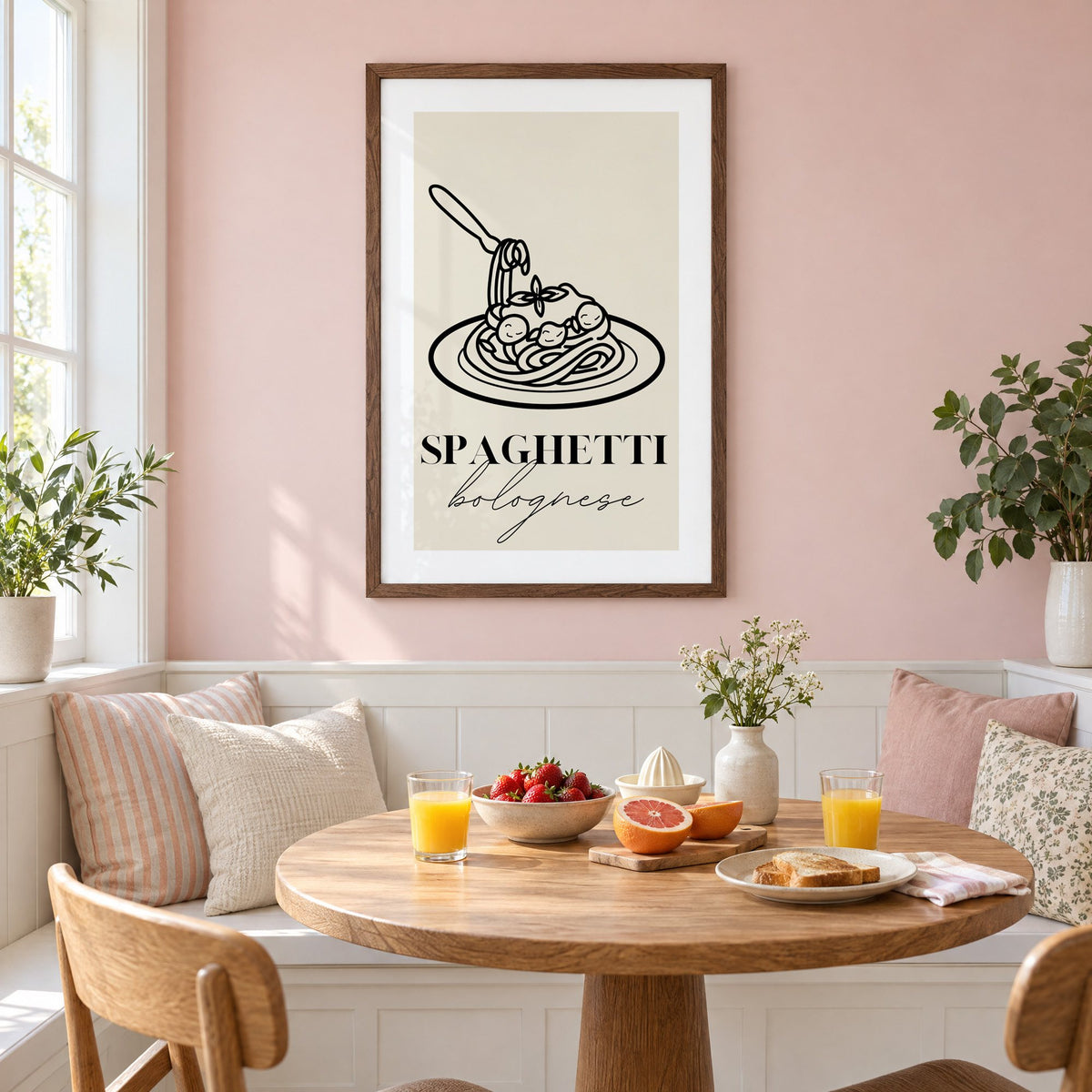 SPAGHETTI bolognese black line meatballs print in a walnut frame on a pastel pink wall above a breakfast nook with strawberries and orange juice