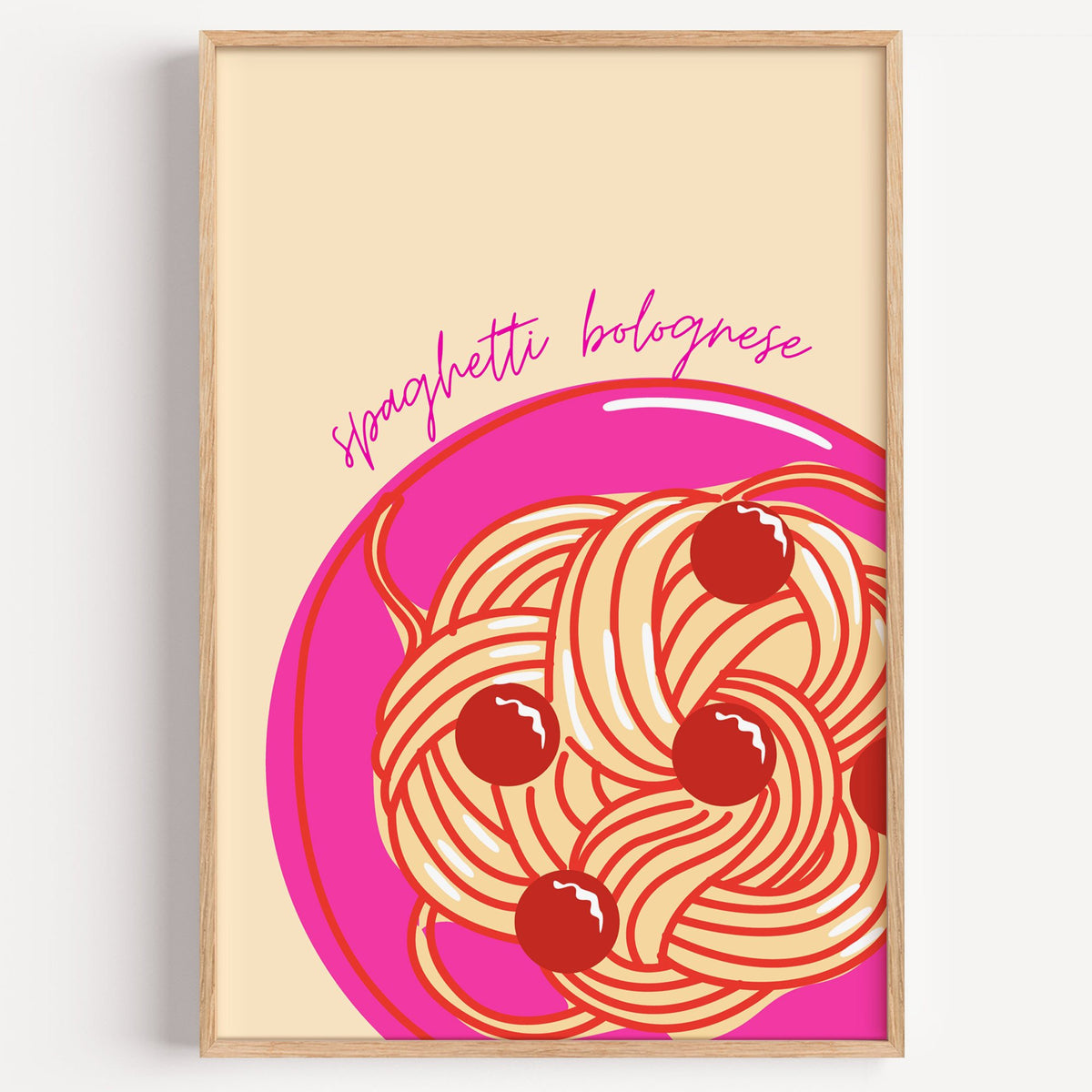 Spaghetti bolognese pink plate print in a light oak frame on a plain white wall