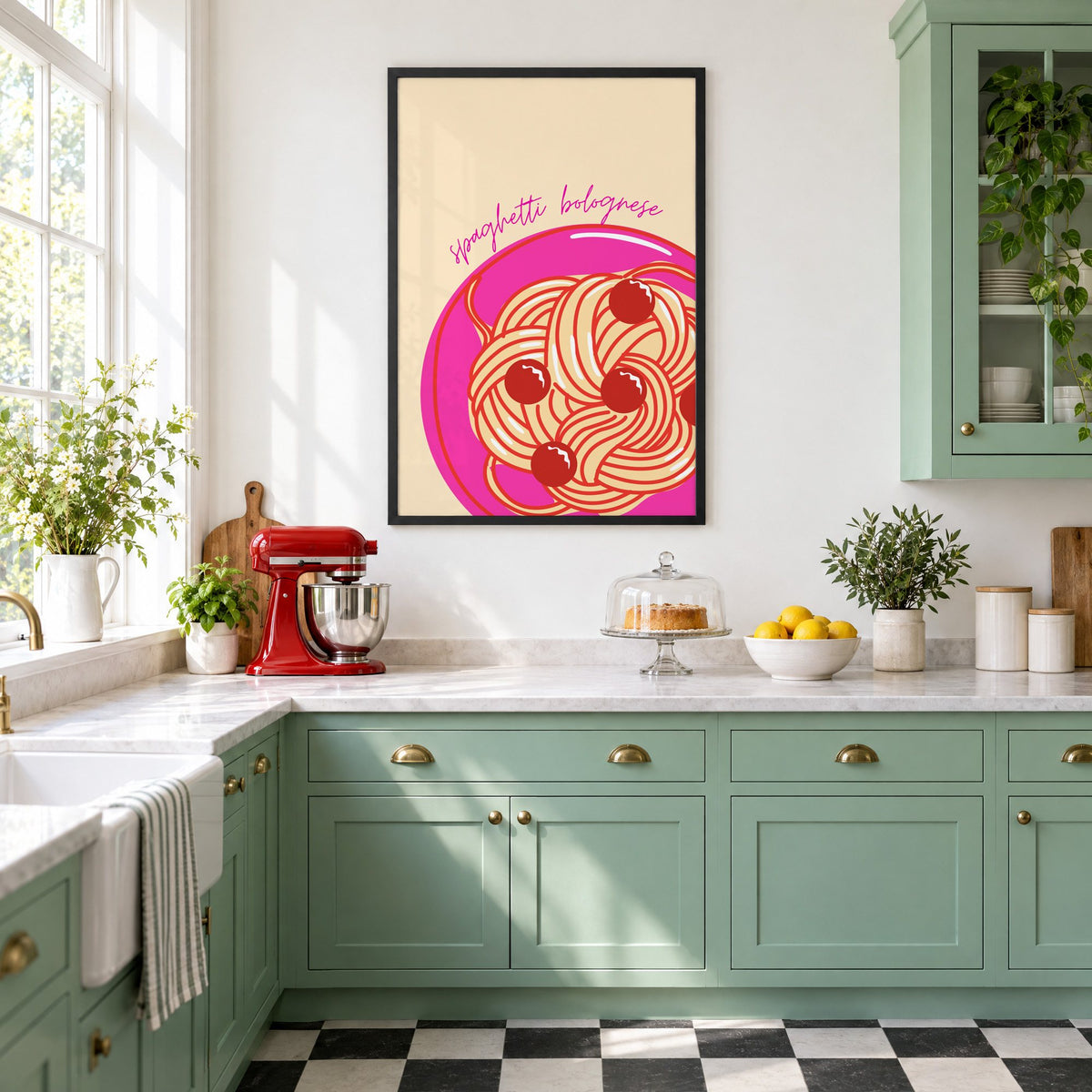 Spaghetti bolognese pink plate print in a black frame in a mint green retro kitchen above a red stand mixer